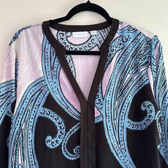 New York & Co Black Blue 3/4 Sleeve Blouse Size L - Picture 4 of 6